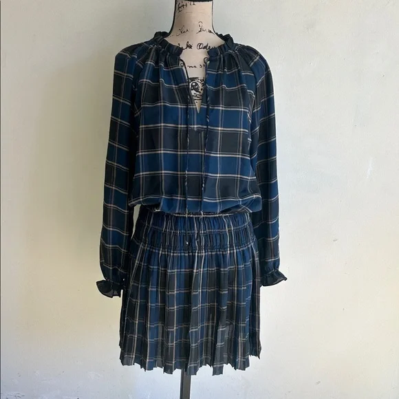 Current Air Plaid Blouson Sleeve Pleated Mini Length Dress Size Medium - Picture 6 of 16